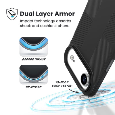 A corner of the case impacts the ground - a diagram shows interior cushion of phone before impact and on impact. Text reads Dual Layer Armor: Impact technology absorbs shock and cushions phone; 13-foot drop tested#color_black-slate-grey