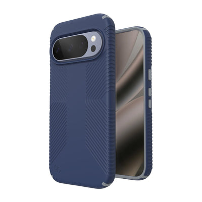 Three-quarter view of back of phone case with phone inside shown over top of front view of phone case with phone inside#color_coastal-blue-dust-grey