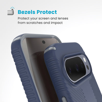 A case with camera facing up is on a case with screen facing up. Raised bezels around screen and camera are clearly visible. Text reads Bezels Protect: Protect your screen and lenses from scratches and impact#color_coastal-blue-dust-grey