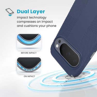 A case hits a hard surface. Diagrams show case lining before and at impact. Text reads Dual Layer: Impact technology compresses on impact and cushions your phone#color_coastal-blue-dust-grey