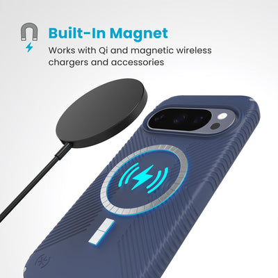 A magnetic charger hovers over the back of the phone case. Text reads Built-In Magnet: Works with Qi and magnetic wireless chargers and accessories#color_coastal-blue-dust-grey