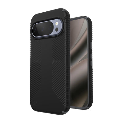 Three-quarter view of back of phone case with phone inside shown over top of front view of phone case with phone inside#color_black-slate-grey