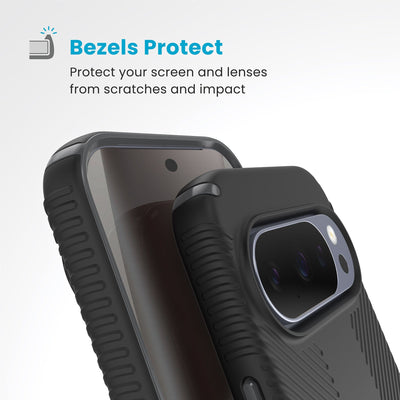 Raised bezels around phone screen and camera are highlighted. Text reads Bezels Protect: Protect your screen and lenses from scratches and impact#color_black-slate-grey