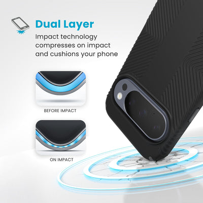 A case hits a hard surface. Diagrams show case lining before and at impact. Text reads Dual Layer: Impact technology compresses on impact and cushions your phone#color_black-slate-grey