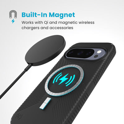 A magnetic charger hovers over the back of the phone case. Text reads Built-In Magnet: Works with Qi and magnetic wireless chargers and accessories#color_black-slate-grey
