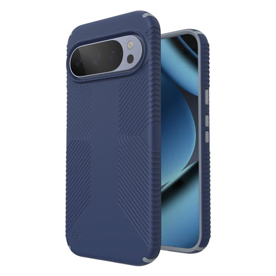 Three-quarter view of back of phone case with phone inside shown over top of front view of phone case with phone inside#color_coastal-blue-dust-grey