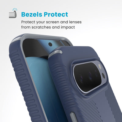 Raised bezels around phone screen and camera are highlighted. Text reads Bezels Protect: Protect your screen and lenses from scratches and impact#color_coastal-blue-dust-grey
