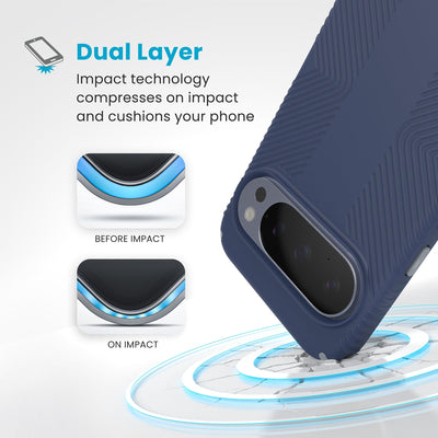 A case hits a hard surface. Diagrams show case lining before and at impact. Text reads Dual Layer - Impact technology compresses on impact and cushions your phone#color_coastal-blue-dust-grey