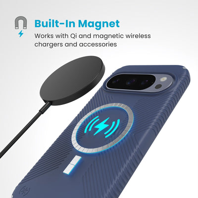 A magnetic charger hovers over the back of the phone case. Text reads Built-In Magnet: Works with Qi and magnetic wireless chargers and accessories#color_coastal-blue-dust-grey