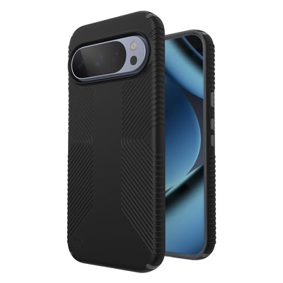 Three-quarter view of back of phone case with phone inside shown over top of front view of phone case with phone inside#color_black-slate-grey
