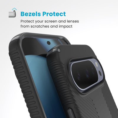 Raised bezels around phone screen and camera are highlighted. Text reads Bezels Protect: Protect your screen and lenses from scratches and impact#color_black-slate-grey