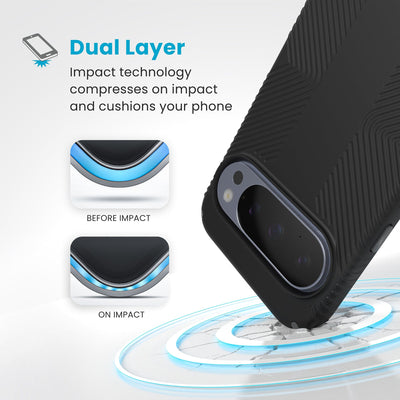 A case hits a hard surface. Diagrams show case lining before and at impact. Text reads Dual Layer - Impact technology compresses on impact and cushions your phone#color_black-slate-grey