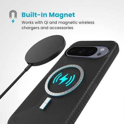A magnetic charger hovers over the back of the phone case. Text reads Built-In Magnet: Works with Qi and magnetic wireless chargers and accessories#color_black-slate-grey
