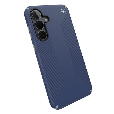 Tilted slight perspective view of back of phone case with phone inside#color_coastal-blue-dust-grey