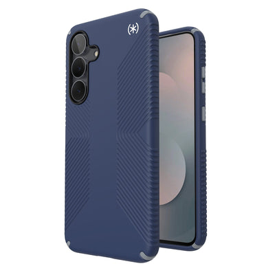Three-quarter view of back of phone case with phone inside shown over top of front view of phone case with phone inside#color_coastal-blue-dust-grey