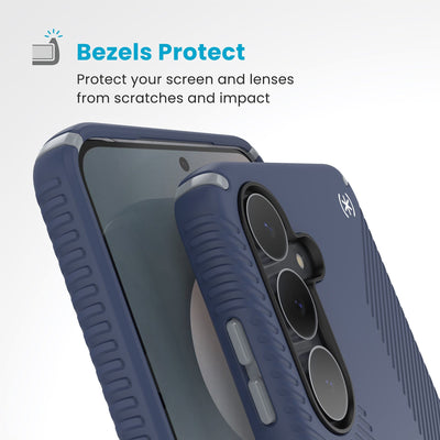 A case with camera facing up is on a case with screen facing up. Raised bezels around screen and camera are clearly visible. Text reads Bezels Protect: Protect your screen and lenses from scratches and impact#color_coastal-blue-dust-grey