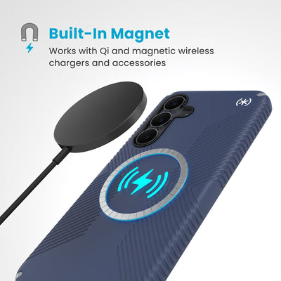 A magnetic charger hovers over the back of the phone case. Text reads Built-In Magnet: Works with Qi and magnetic wireless chargers and accessories#color_coastal-blue-dust-grey