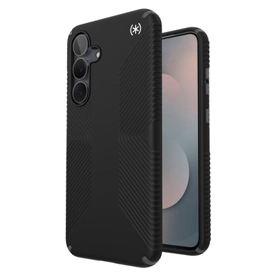 Three-quarter view of back of phone case with phone inside shown over top of front view of phone case with phone inside#color_black-slate-grey