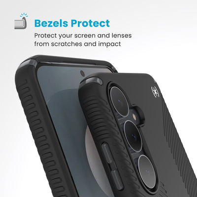 A case with camera facing up is on a case with screen facing up. Raised bezels around screen and camera are clearly visible. Text reads Bezels Protect: Protect your screen and lenses from scratches and impact#color_black-slate-grey