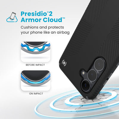 A corner of the case impacts the ground - a diagram shows interior cushion of phone before impact and on impact. Text reads Presidio2 Armor Cloud: Cushions and protects your phone like an airbag#color_black-slate-grey