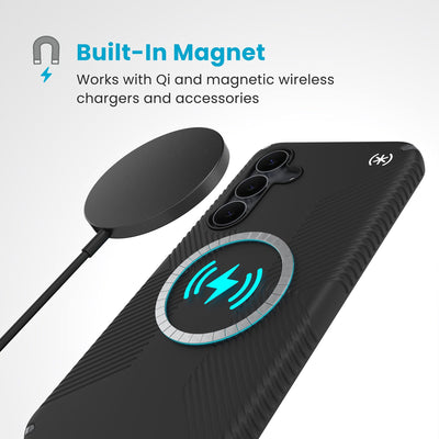 A magnetic charger hovers over the back of the phone case. Text reads Built-In Magnet: Works with Qi and magnetic wireless chargers and accessories#color_black-slate-grey