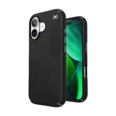 Three-quarter view of back of phone case with phone inside shown over top of front view of phone case with phone inside#color_black-slate-grey