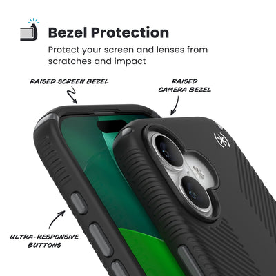 Raised bezels around phone screen and camera are highlighted. Text reads Bezel Protectection: Protect your screen and lenses from scratches and impact; Raised screen bezel; Raised camera bezel; Ultra-responsive buttons#color_black-slate-grey