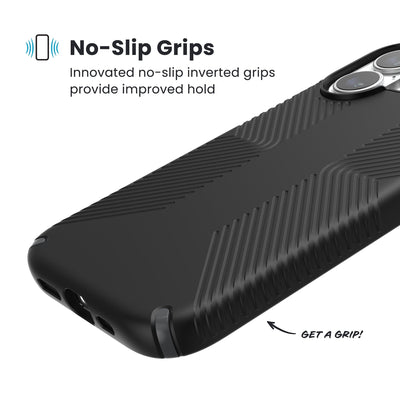 Close-up of grips on the back and side of a phone case. Text reads No-Slip Grips: Innovated no-slip inverted grips provide improved hold; Get a grip!#color_black-slate-grey