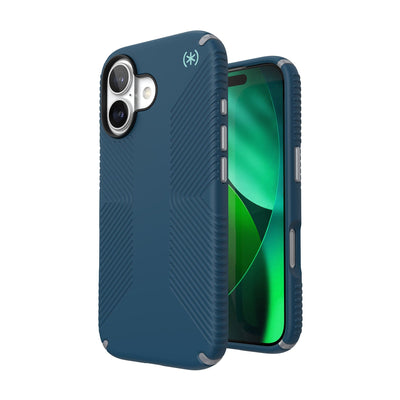 Three-quarter view of back of phone case with phone inside shown over top of front view of phone case with phone inside#color_deep-sea-silver-metallic