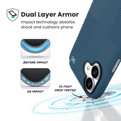 A corner of the case impacts the ground - a diagram shows interior cushion of phone before impact and on impact. Text reads Dual Layer Armor: Impact technology absorbs shock and cushions phone; 13-foot drop tested#color_deep-sea-silver-metallic