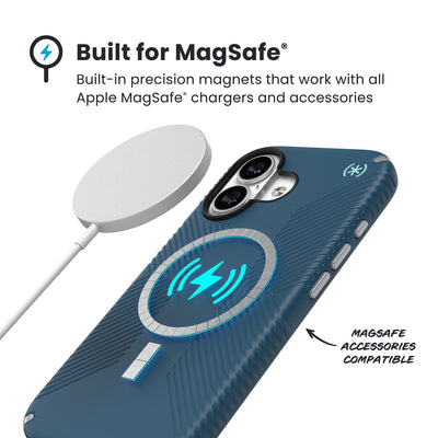 A MagSafe charger hovers over the back of the phone case. Text reads Built for MagSafe: Built-in precision magnets that work with all Apple MagSafe chargers and accessories; MagSafe accessories compatible#color_deep-sea-silver-metallic
