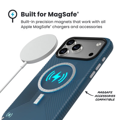 A MagSafe charger hovers over the back of the phone case. Text reads Built for MagSafe: Built-in precision magnets that work with all Apple MagSafe chargers and accessories; MagSafe accessories compatible#color_deep-sea-silver-metallic