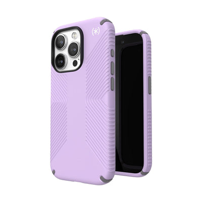 Three-quarter view of back of phone case simultaneously shown with three-quarter front view of phone case.#color_spring-purple-cloudy-grey