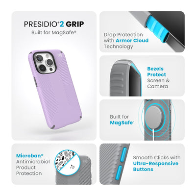 Summary of all product features such as MagSafe compatibility, drop protection with Armor Cloud technology, Microban antimicrobial product protection, raised bezels to protect screen and camera, and smooth clicks with ultra-responsive buttons.#color_spring-purple-cloudy-grey