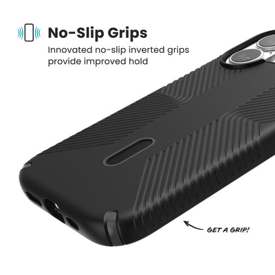 Close-up of grips on the back and side of a phone case. Text reads No-Slip Grips: Innovated no-slip inverted grips provide improved hold; Get a grip!#color_black-slate-grey