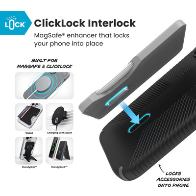 A ClickLock Wallet accessory hovers over the back of the phone case with interlock bolt extended and arrow pointing to bolt receptacle in case. Various Speck ClickLock accessories are also shown. Text reads ClickLock Interlock: MagSafe enhancer that locks your phone into place; Built for MagSafe and ClickLock; Locks Speck ClickLock accessories onto phone#color_black-slate-grey