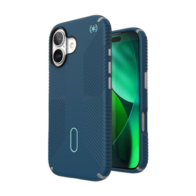 Three-quarter view of back of phone case with phone inside shown over top of front view of phone case with phone inside#color_deep-sea-silver-metallic
