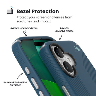 Raised bezels around phone screen and camera are highlighted. Text reads Bezel Protectection: Protect your screen and lenses from scratches and impact; Raised screen bezel; Raised camera bezel; Ultra-responsive buttons#color_deep-sea-silver-metallic