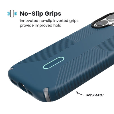 Close-up of grips on the back and side of a phone case. Text reads No-Slip Grips: Innovated no-slip inverted grips provide improved hold; Get a grip!#color_deep-sea-silver-metallic