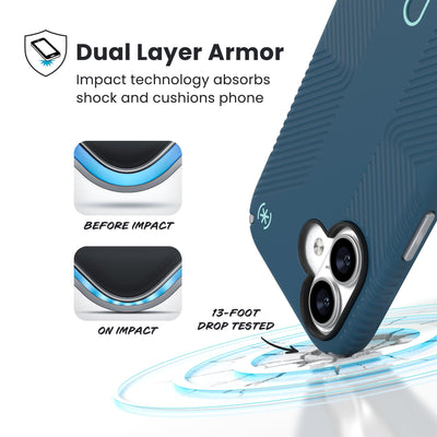 A corner of the case impacts the ground - a diagram shows interior cushion of phone before impact and on impact. Text reads Dual Layer Armor: Impact technology absorbs shock and cushions phone; 13-foot drop tested#color_deep-sea-silver-metallic