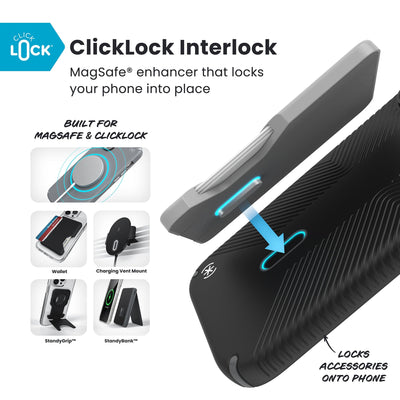 A ClickLock Wallet accessory hovers over the back of the phone case with interlock bolt extended and arrow pointing to bolt receptacle in case. Various Speck ClickLock accessories are also shown. Text reads ClickLock Interlock: MagSafe enhancer that locks your phone into place; Built for MagSafe and ClickLock; Locks Speck ClickLock accessories onto phone#color_black-slate-grey