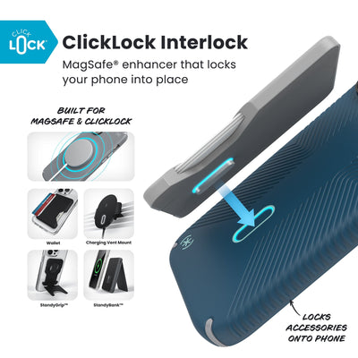 A ClickLock Wallet accessory hovers over the back of the phone case with interlock bolt extended and arrow pointing to bolt receptacle in case. Various Speck ClickLock accessories are also shown. Text reads ClickLock Interlock: MagSafe enhancer that locks your phone into place; Built for MagSafe and ClickLock; Locks Speck ClickLock accessories onto phone#color_deep-sea-silver-metallic
