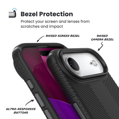 Raised bezels around phone screen and camera are highlighted. Text reads Bezel Protectection: Protect your screen and lenses from scratches and impact; Raised screen bezel; Raised camera bezel; Ultra-responsive buttons#color_black-slate-grey