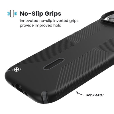 Close-up of grips on the back and side of a phone case. Text reads No-Slip Grips: Innovated no-slip inverted grips provide improved hold; Get a grip!#color_black-slate-grey