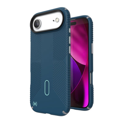 Three-quarter view of back of phone case with phone inside shown over top of front view of phone case with phone inside#color_deep-sea-silver-metallic