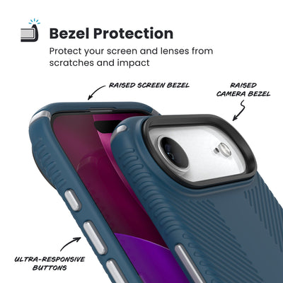 Raised bezels around phone screen and camera are highlighted. Text reads Bezel Protectection: Protect your screen and lenses from scratches and impact; Raised screen bezel; Raised camera bezel; Ultra-responsive buttons#color_deep-sea-silver-metallic