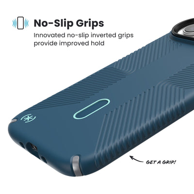 Close-up of grips on the back and side of a phone case. Text reads No-Slip Grips: Innovated no-slip inverted grips provide improved hold; Get a grip!#color_deep-sea-silver-metallic