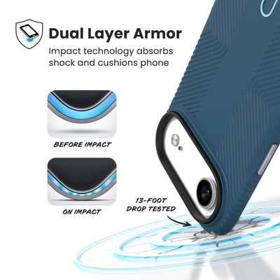 A corner of the case impacts the ground - a diagram shows interior cushion of phone before impact and on impact. Text reads Dual Layer Armor: Impact technology absorbs shock and cushions phone; 13-foot drop tested#color_deep-sea-silver-metallic