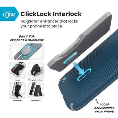 A ClickLock Wallet accessory hovers over the back of the phone case with interlock bolt extended and arrow pointing to bolt receptacle in case. Various Speck ClickLock accessories are also shown. Text reads ClickLock Interlock: MagSafe enhancer that locks your phone into place; Built for MagSafe and ClickLock; Locks Speck ClickLock accessories onto phone#color_deep-sea-silver-metallic
