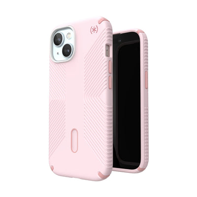 Three-quarter view of back of phone case simultaneously shown with three-quarter front view of phone case.#color_nimbus-pink-dahlia-pink